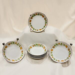 mid-century Japanese fine china with orange floral garland and platinum rim